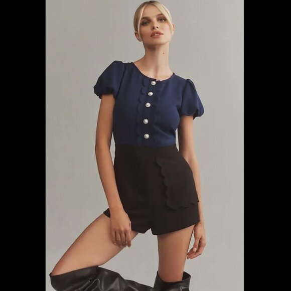 Brand New Maeve Puff-Sleeve Colorblock Scallop Romper - Picture 1 of 3